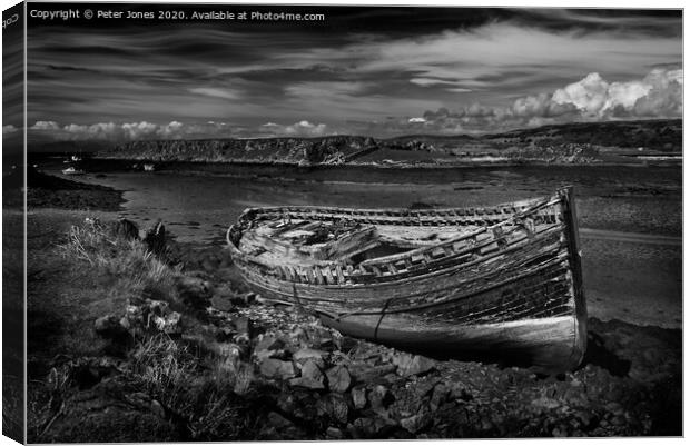 Fishing boat wreckage, Croig estuary, Mull. Canvas Print by Peter Jones