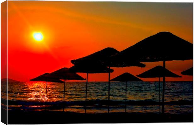 Digital painting of beach umbrellas at sunset Canvas Print by ken biggs