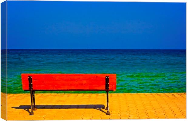 A digitally converted painting of a lone bench ove Canvas Print by ken biggs