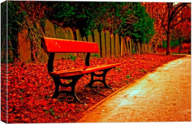 A digitally converted painting of a single bench i Canvas Print by ken biggs