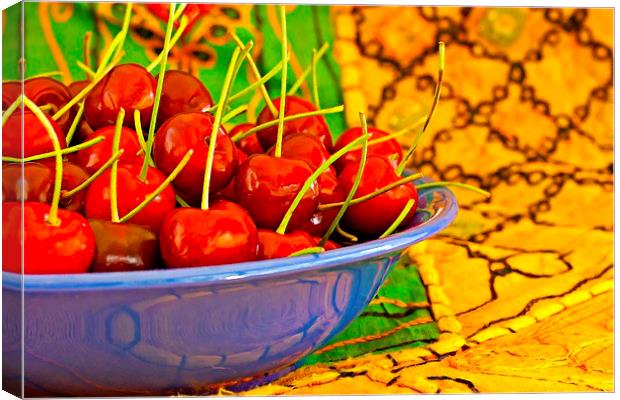 Digital painting of a bowl of ripe red cherries Canvas Print by ken biggs