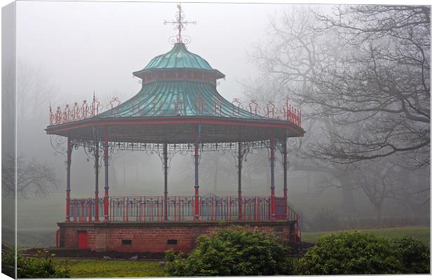 Park bandstand on a foggy winters day Canvas Print by ken biggs