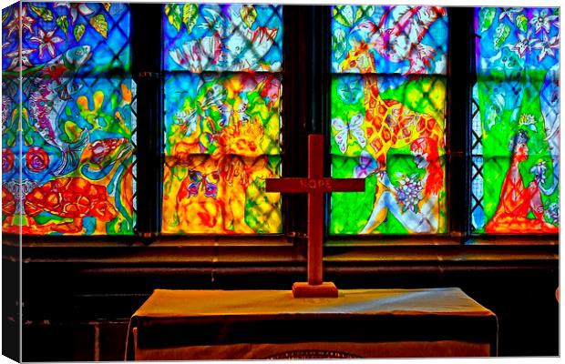 stained glass windows in church with a cross Canvas Print by ken biggs