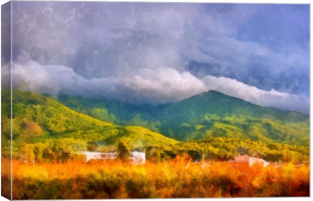 A digital painting of a View across fields to a cl Canvas Print by ken biggs