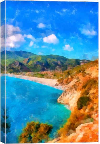 Image in painting style of Olu Deniz beach in Turk Canvas Print by ken biggs