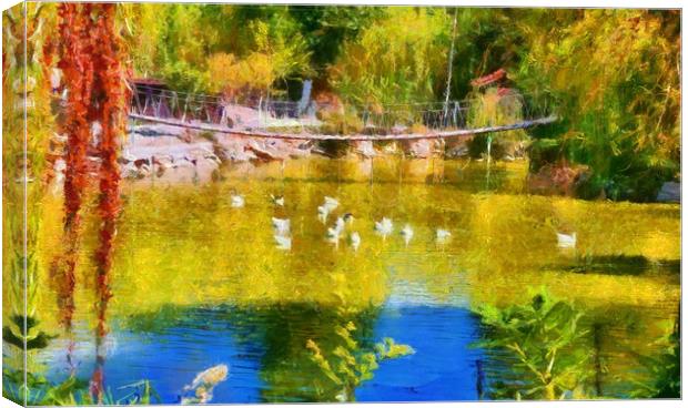 Duck pond and rope bridge digitally painted Canvas Print by ken biggs