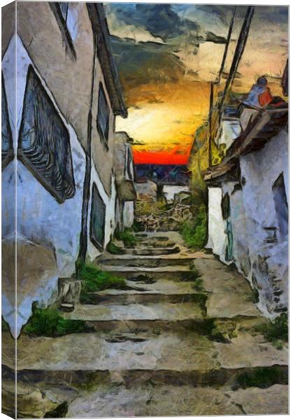 A digital painting of the colorful back streets of Canvas Print by ken biggs