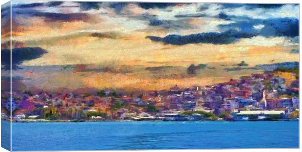 A digital painting of Kusadasi harbor Turkey Canvas Print by ken biggs