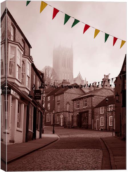  Lincoln, Steep Hill, on a foggy morning Canvas Print by Andrew Scott