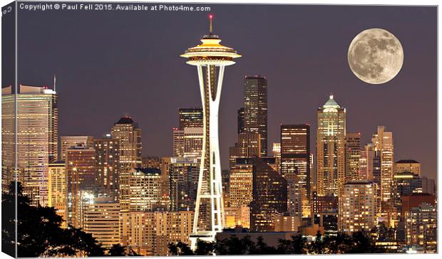 seattle at night with moon Canvas Print by Paul Fell
