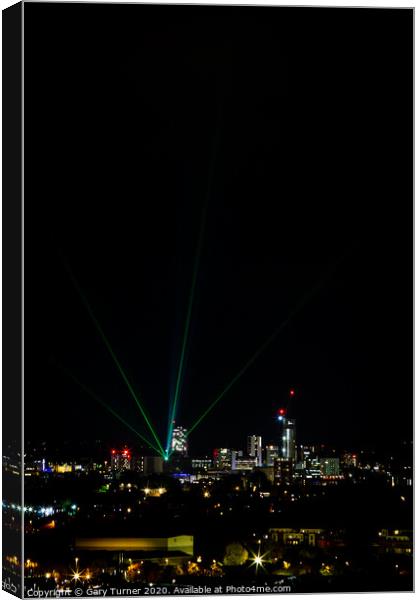 Leeds skyline with Leeds Laser Light Night Canvas Print by Gary Turner
