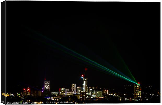 Leeds skyline with Leeds Laser Light Night Canvas Print by Gary Turner