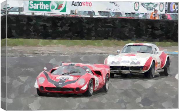 Lola and Corvette racing at Le Mans Canvas Print by Adrian Beese