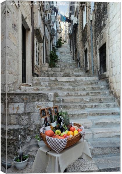 Basket of wine and fruit in Dubrovnik Canvas Print by Adrian Beese