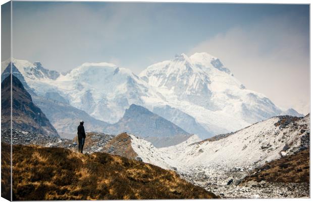 A man contemplates the size of Kanchenjunga Canvas Print by Brent Olson