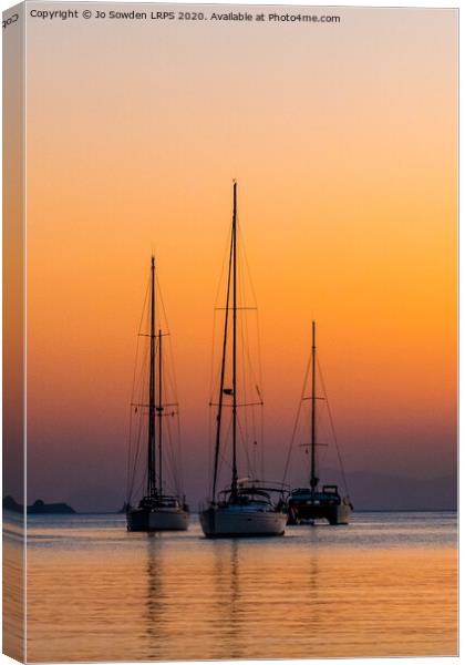 Three Boats at Sunset, Paros Canvas Print by Jo Sowden