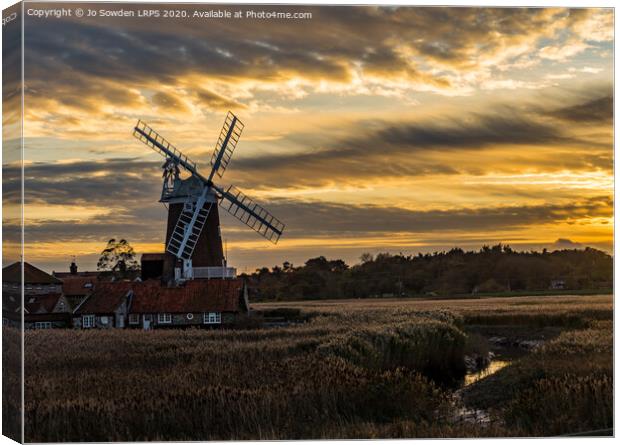 Sunset at Cley Windmill, Norfolk Canvas Print by Jo Sowden