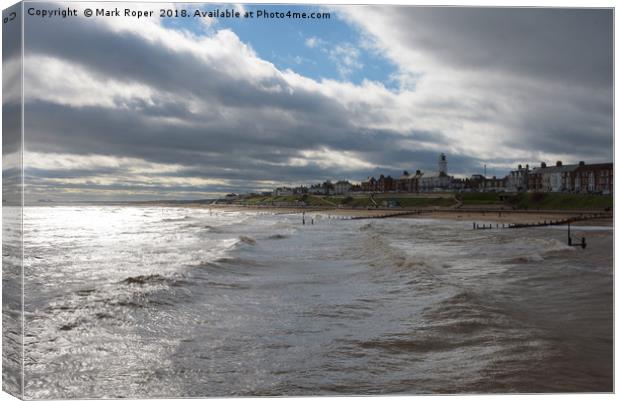 Southwold Seafront with Bright Sun, Big Waves and  Canvas Print by Mark Roper