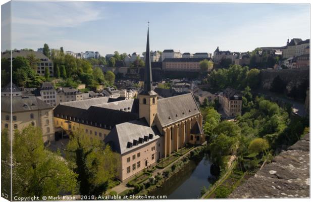 St Jean du Grund church in Luxembourg from above Canvas Print by Mark Roper