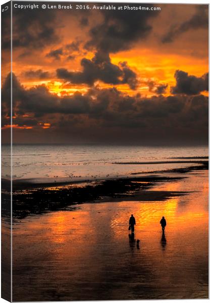 Sunset walkers on Worthing Beach Canvas Print by Len Brook