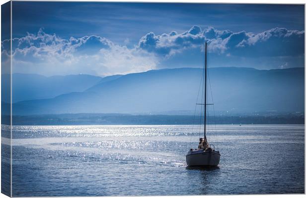 Boat on Lac Leman at Sunset Canvas Print by Meurig Pembrokeshire