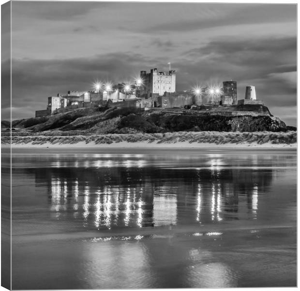 Twilight at Bamburgh Castle  in Mono Canvas Print by Naylor's Photography