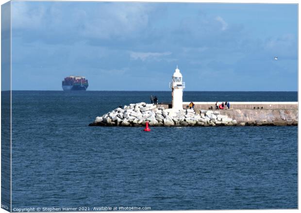 Brixham Breakwater with passing Container Ship Canvas Print by Stephen Hamer