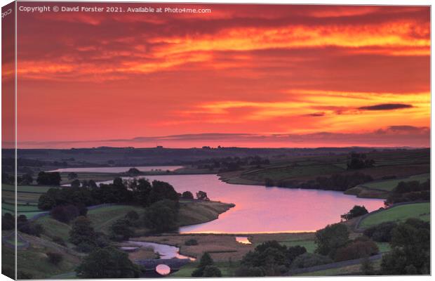 Beautiful Red Dawn Sky over the Blackton and Hury Reservoirs, Ba Canvas Print by David Forster