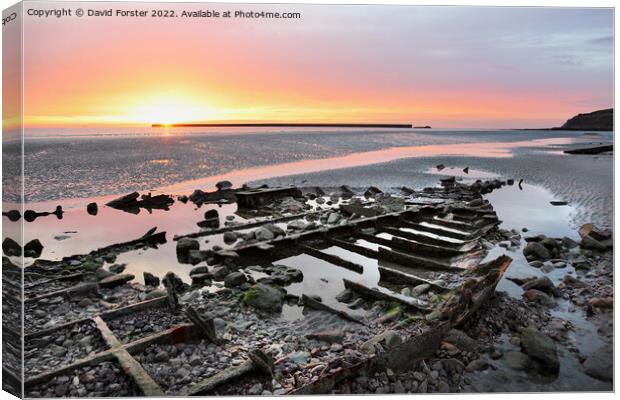 Sunset and Shipwreck on Beach at Boulogne-sur-Mer, France Canvas Print by David Forster