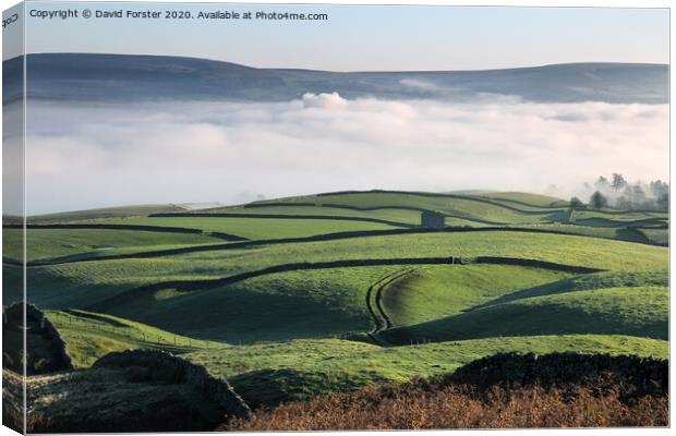 View from the Ancient Burial Mound of Kirkcarrion over a Cloud Filled Tees Valley, Teesdale Canvas Print by David Forster