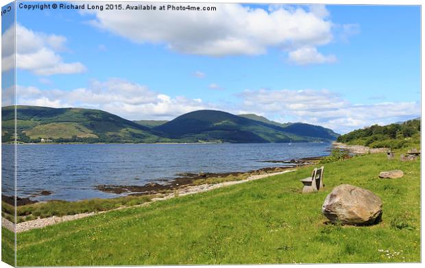  Seat with a View of Loch Long, Scotland Canvas Print by Richard Long