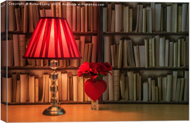 Valentine scene with Table lamp, hearts and roses Canvas Print by Richard Long