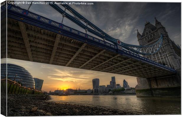  London skyline from under Tower Bridge at sunset Canvas Print by Dan Hamilton