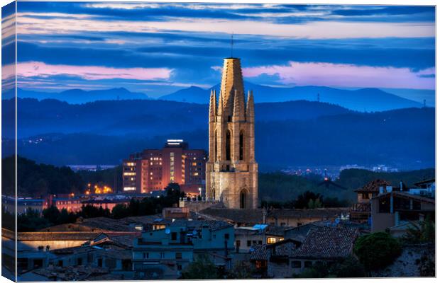 Sant Feliu Basilica Tower at Dusk in Girona Canvas Print by Artur Bogacki