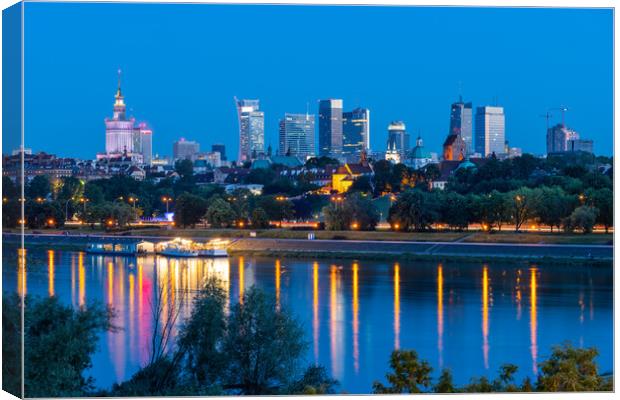 Warsaw Skyline Evening River View In Poland Canvas Print by Artur Bogacki