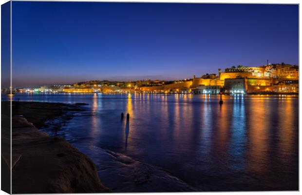 Valletta Night City Skyline Sea View In Malta Canvas Print by Artur Bogacki