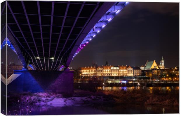 Bridge And The City By Night In Warsaw Canvas Print by Artur Bogacki
