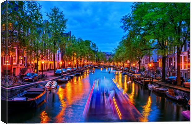 City Lights In Amsterdam Canal At Dusk Canvas Print by Artur Bogacki