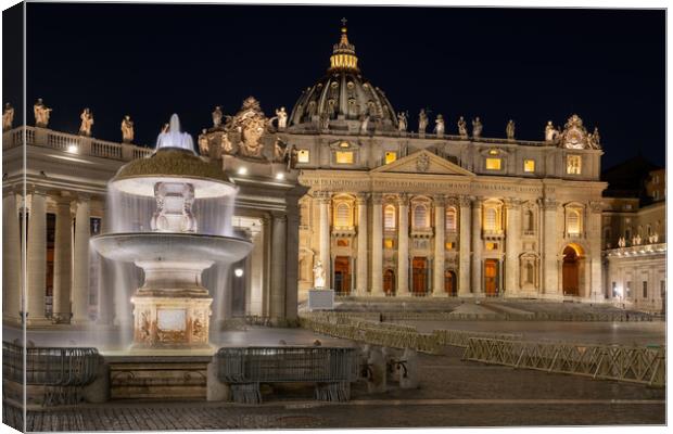 St Peter Basilica and Fountain in Vatican at Night Canvas Print by Artur Bogacki