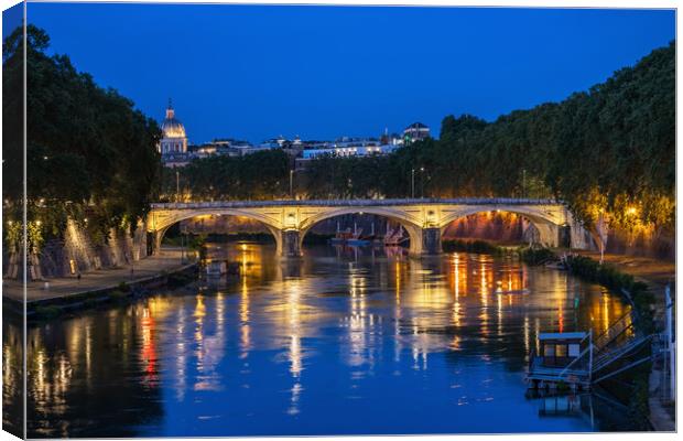 Tiber River In Rome At Night Canvas Print by Artur Bogacki