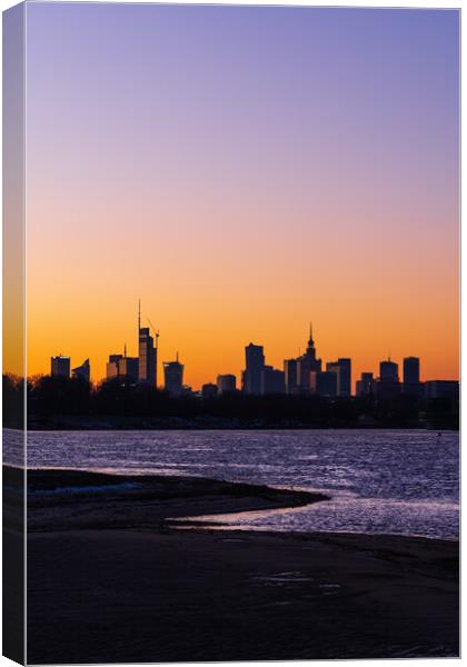 Warsaw City Twilight River View In Poland Canvas Print by Artur Bogacki