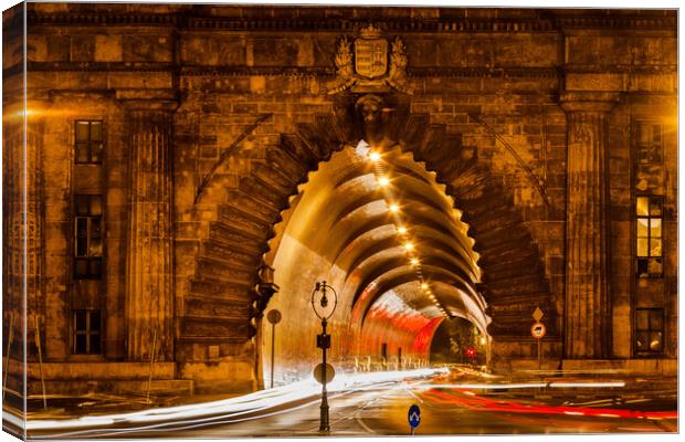 Buda Tunnel Under Castle Hill in Budapest at Night Canvas Print by Artur Bogacki