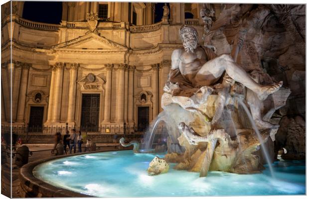Fiumi Fountain By Night In Rome Canvas Print by Artur Bogacki