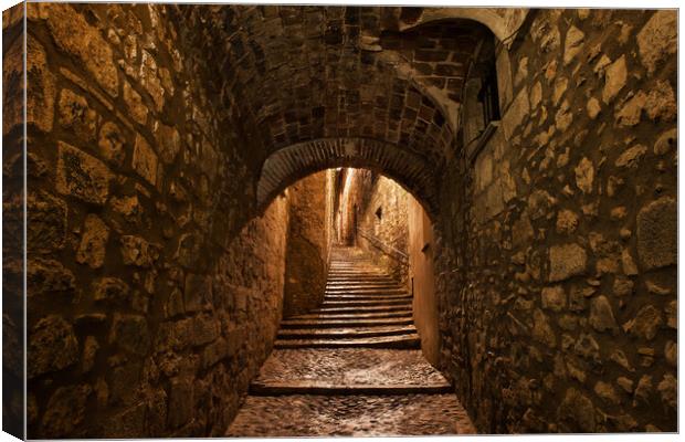 Street in Old Town of Girona by Night Canvas Print by Artur Bogacki