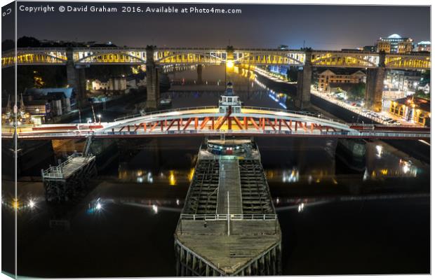 Swing Bridge & High level Bridge at night Canvas Print by David Graham