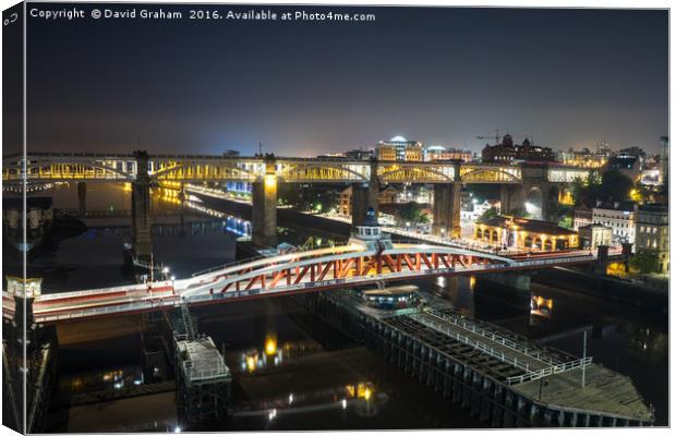 Swing Bridge & High level Bridge at night Canvas Print by David Graham