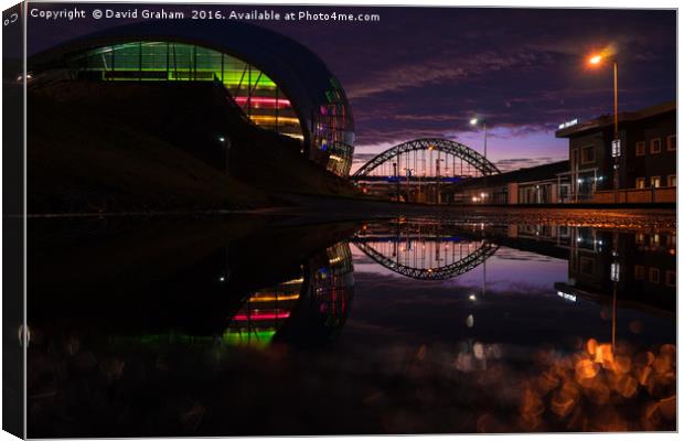 Sage Gateshead & Tyne Bridge reflected in puddle Canvas Print by David Graham