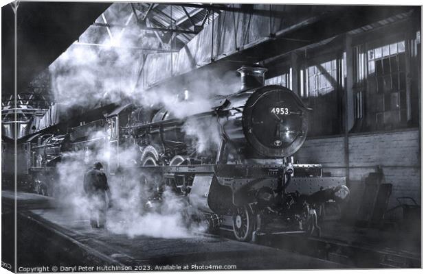 Hall Class steam locomotive in the shed with steam Canvas Print by Daryl Peter Hutchinson