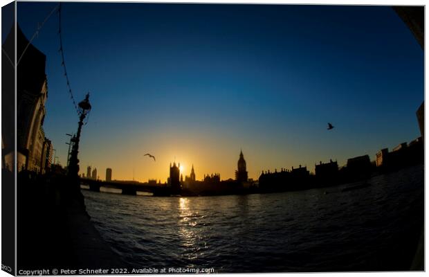 Sun going down over Westminster Canvas Print by Peter Schneiter