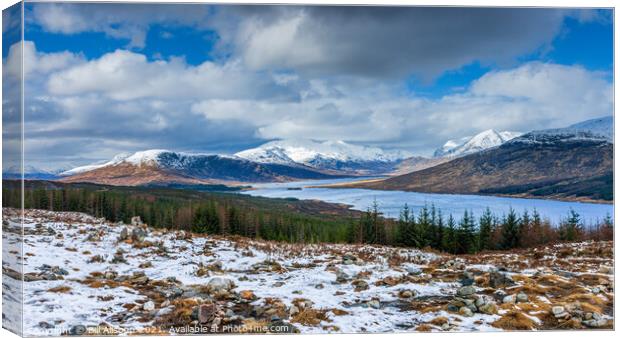 View towards Loch Loyne and snow capped mountains. Canvas Print by Bill Allsopp